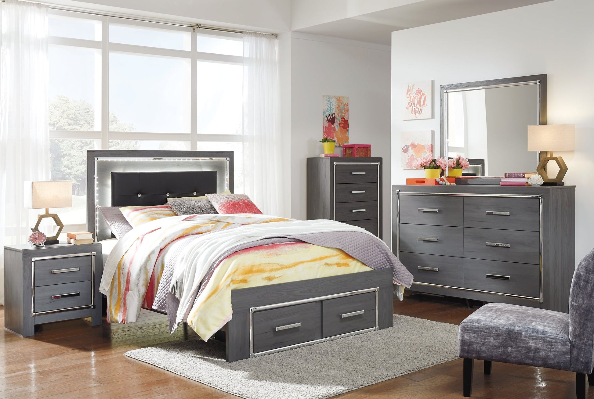 Lodanna Full Panel Bed with 2 Storage Drawers with Mirrored Dresser, Chest and Nightstand at Cloud 9 Mattress & Furniture furniture, home furnishing, home decor