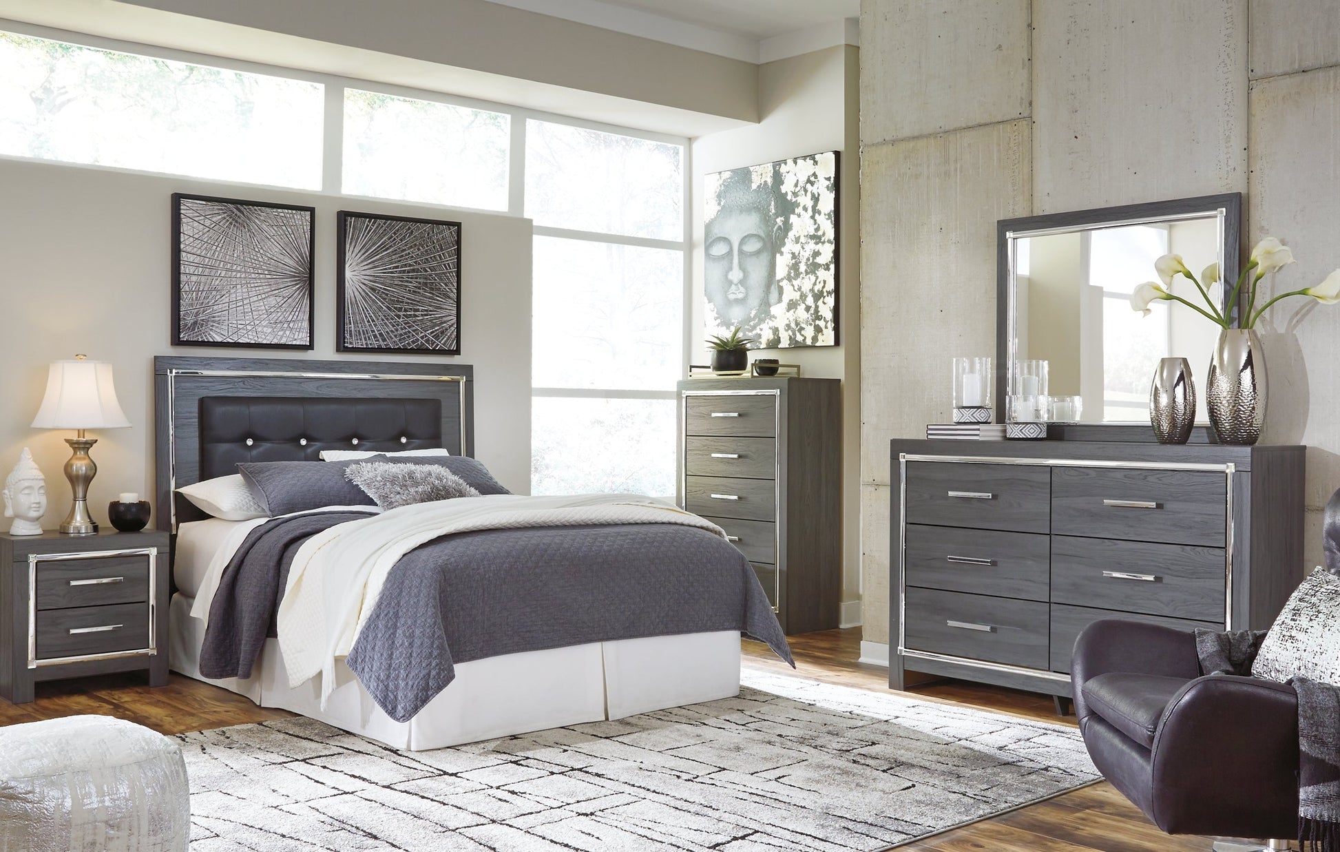 Lodanna Queen/Full Upholstered Panel Headboard with Mirrored Dresser and 2 Nightstands at Cloud 9 Mattress & Furniture furniture, home furnishing, home decor