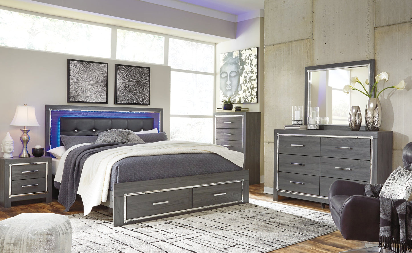 Lodanna King Panel Bed with 2 Storage Drawers with Mirrored Dresser, Chest and Nightstand at Cloud 9 Mattress & Furniture furniture, home furnishing, home decor