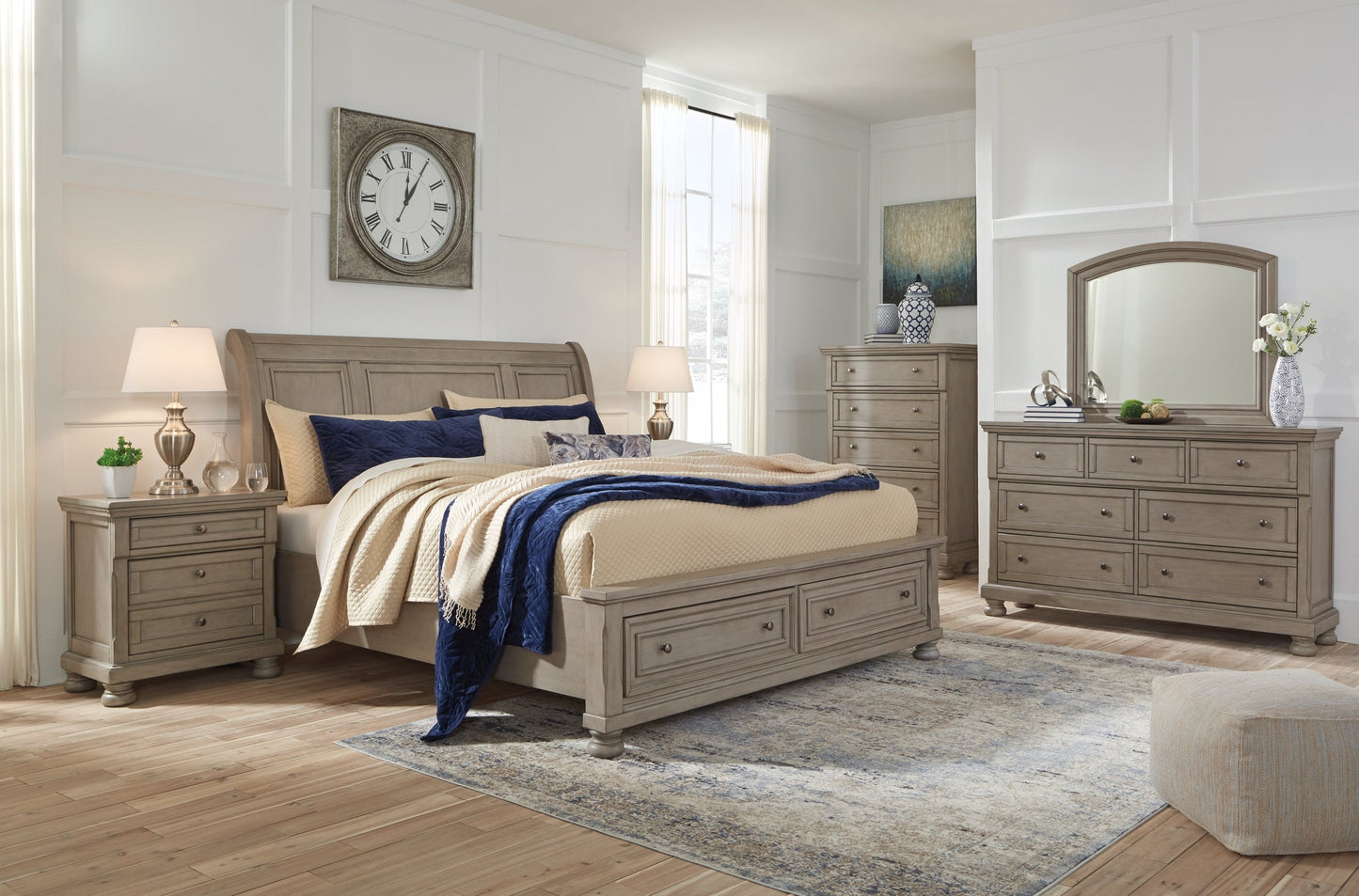 Lettner King Sleigh Bed with 2 Storage Drawers with Mirrored Dresser and Chest at Cloud 9 Mattress & Furniture furniture, home furnishing, home decor