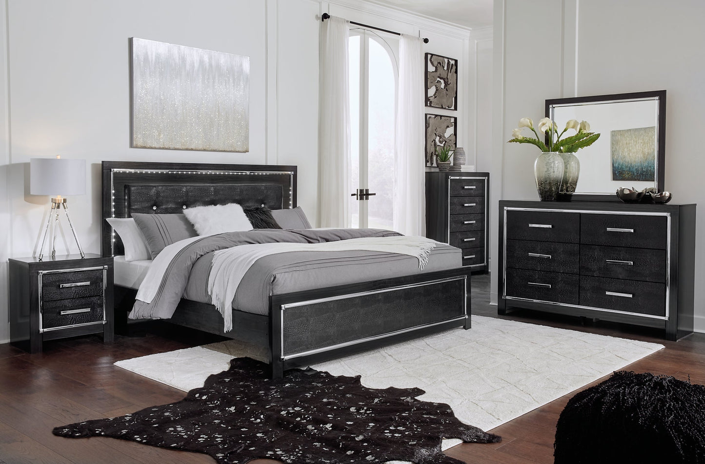 Kaydell King/California King Upholstered Panel Headboard with Mirrored Dresser and 2 Nightstands at Cloud 9 Mattress & Furniture furniture, home furnishing, home decor