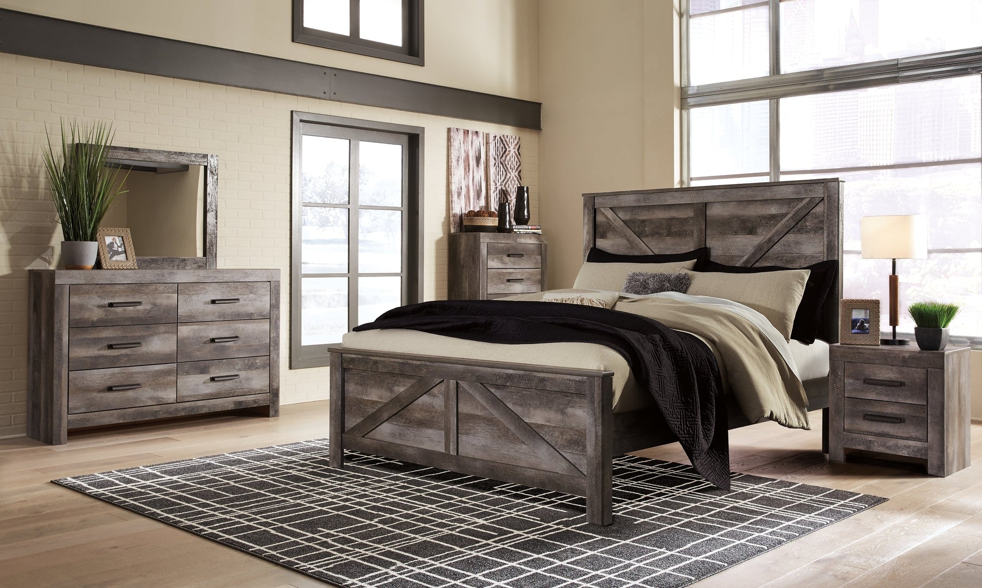 Wynnlow King Crossbuck Panel Bed with Mirrored Dresser, Chest and 2 Nightstands at Cloud 9 Mattress & Furniture furniture, home furnishing, home decor