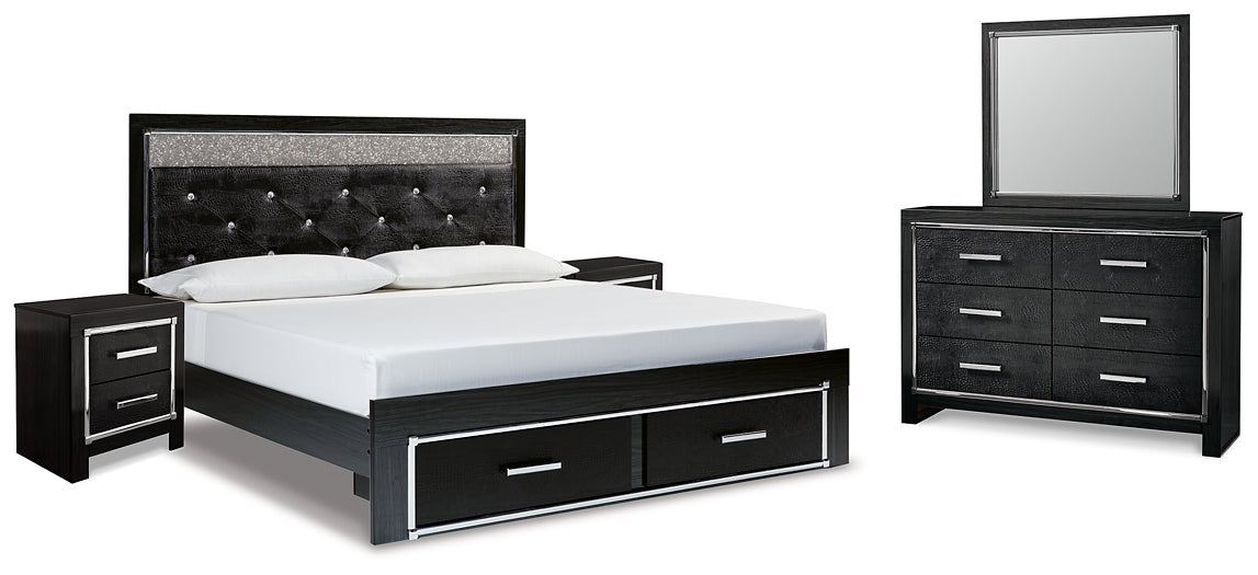 Kaydell King Upholstered Panel Storage Platform Bed with Mirrored Dresser and 2 Nightstands at Cloud 9 Mattress & Furniture furniture, home furnishing, home decor