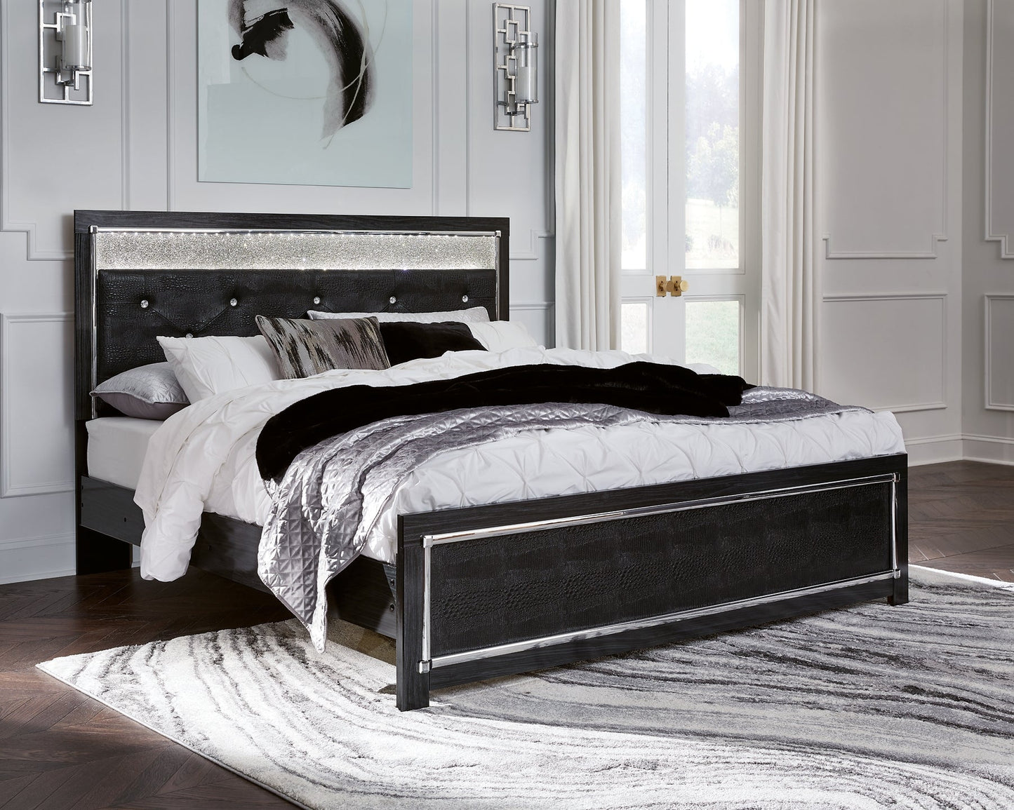 Kaydell King Upholstered Panel Platform Bed with Mirrored Dresser and 2 Nightstands at Cloud 9 Mattress & Furniture furniture, home furnishing, home decor