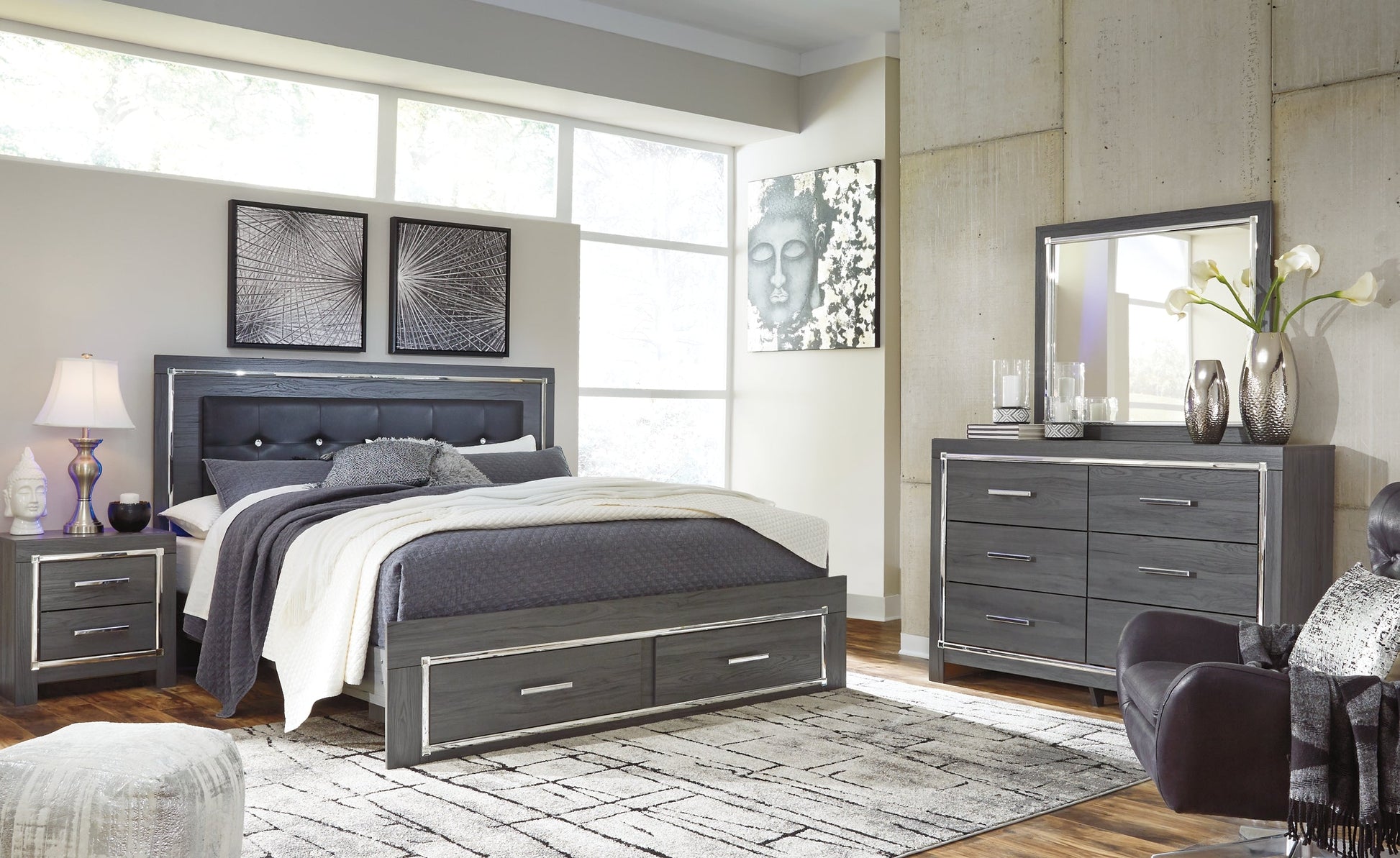 Lodanna King Panel Bed with 2 Storage Drawers with Mirrored Dresser and Chest at Cloud 9 Mattress & Furniture furniture, home furnishing, home decor