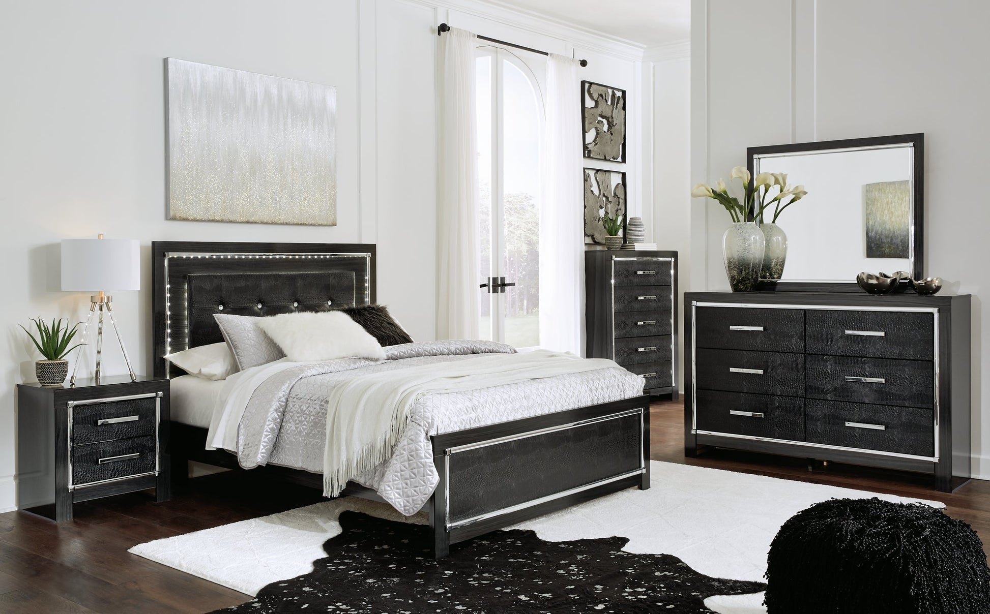 Kaydell Queen/Full Upholstered Panel Headboard with Mirrored Dresser and 2 Nightstands at Cloud 9 Mattress & Furniture furniture, home furnishing, home decor