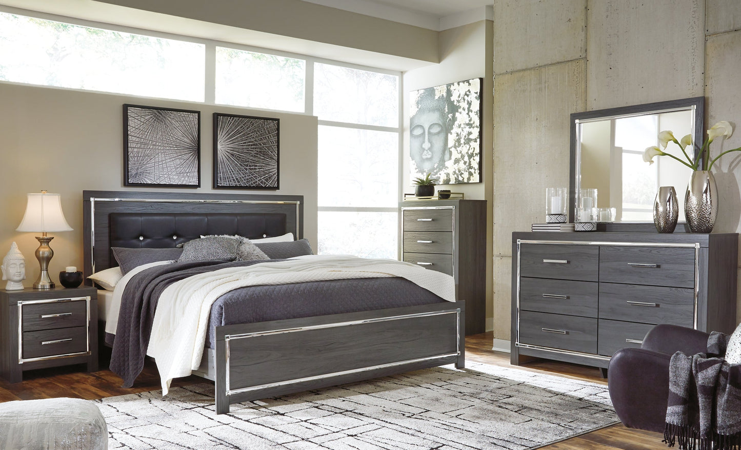 Lodanna King Panel Bed with Mirrored Dresser and Chest at Cloud 9 Mattress & Furniture furniture, home furnishing, home decor