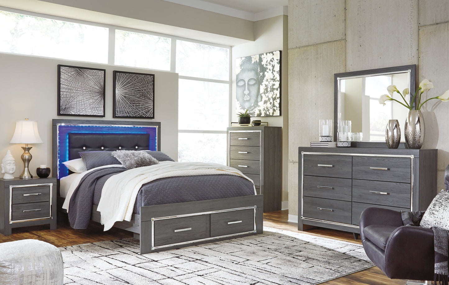 Lodanna Queen Panel Bed with 2 Storage Drawers with Mirrored Dresser and 2 Nightstands at Cloud 9 Mattress & Furniture furniture, home furnishing, home decor