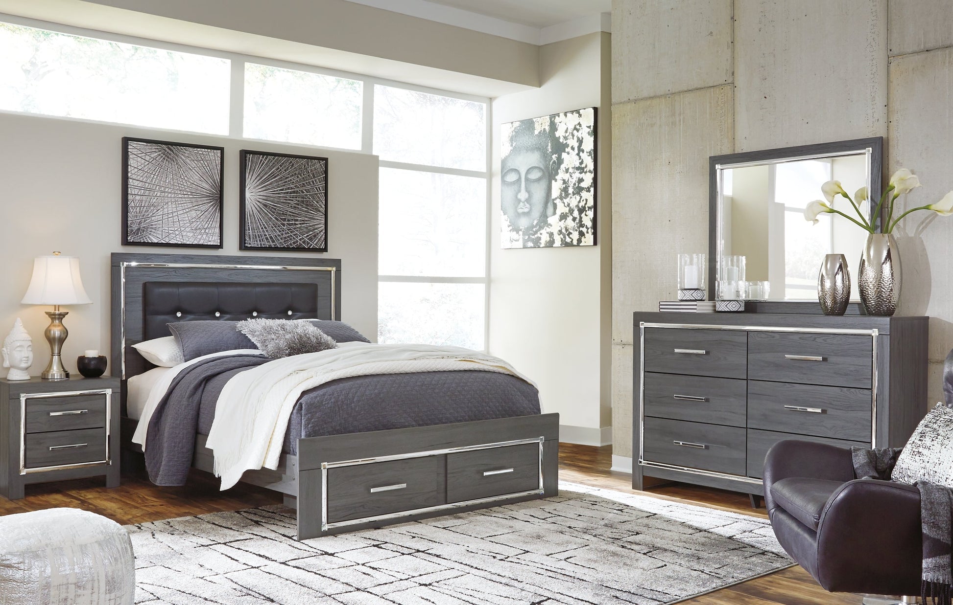 Lodanna Queen Panel Bed with 2 Storage Drawers with Mirrored Dresser, Chest and Nightstand at Cloud 9 Mattress & Furniture furniture, home furnishing, home decor