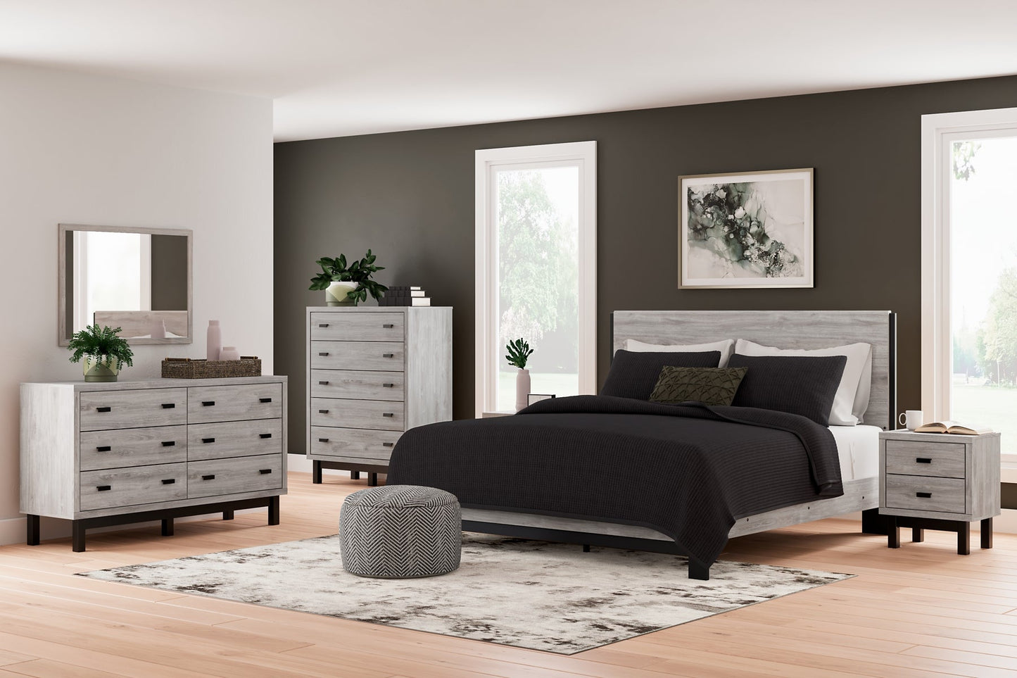 Vessalli King Panel Bed with Mirrored Dresser, Chest and Nightstand at Cloud 9 Mattress & Furniture furniture, home furnishing, home decor