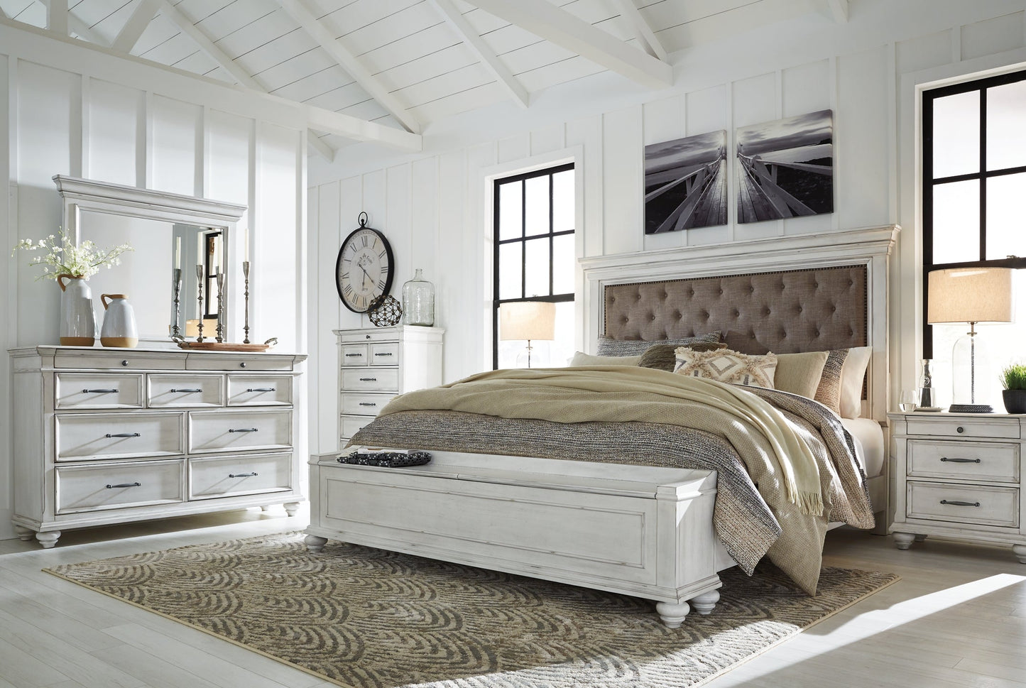 Kanwyn Queen Panel Bed with Storage with Mirrored Dresser and 2 Nightstands at Cloud 9 Mattress & Furniture furniture, home furnishing, home decor