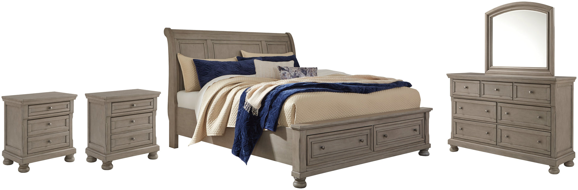 Lettner King Sleigh Bed with 2 Storage Drawers with Mirrored Dresser and 2 Nightstands at Cloud 9 Mattress & Furniture furniture, home furnishing, home decor