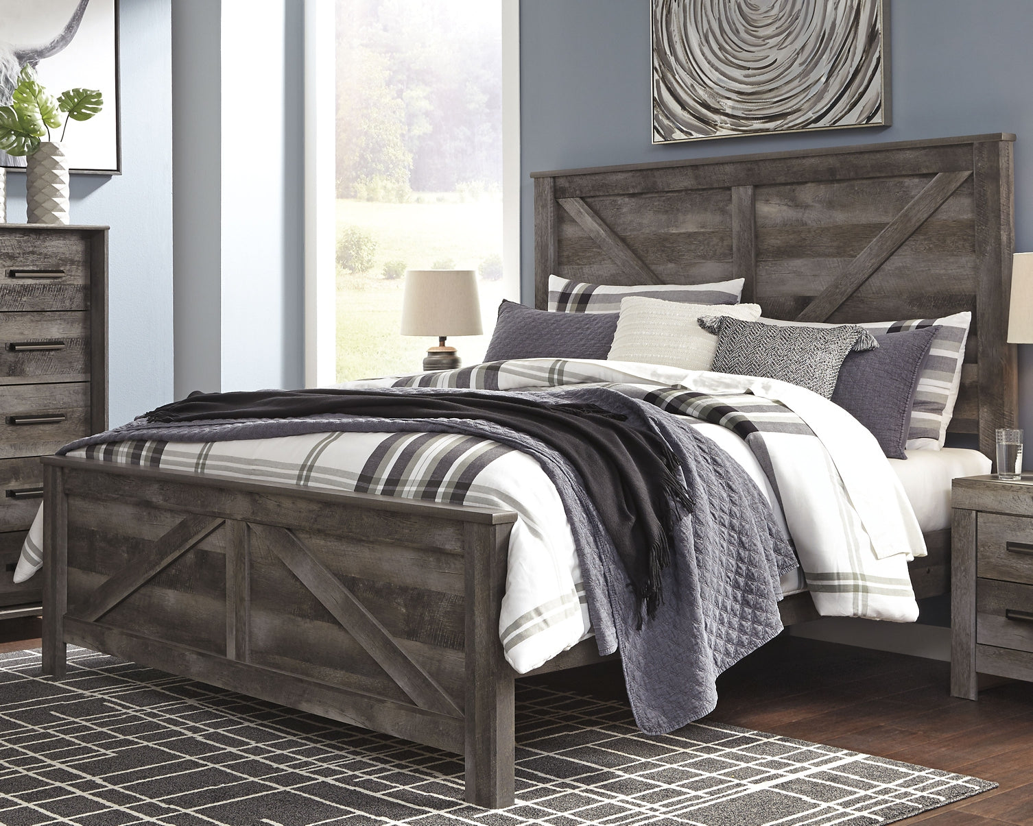 Wynnlow King Crossbuck Panel Bed with Mirrored Dresser, Chest and 2 Nightstands at Cloud 9 Mattress & Furniture furniture, home furnishing, home decor