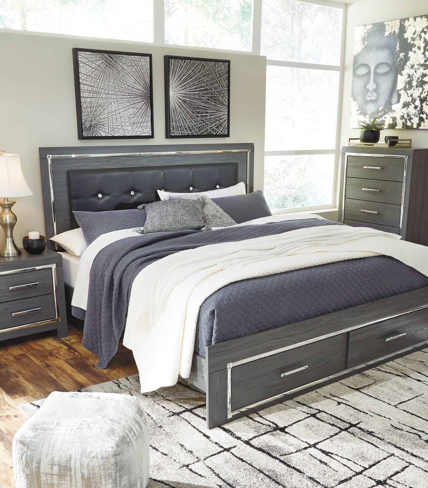 Lodanna King Panel Bed with 2 Storage Drawers with Mirrored Dresser and Nightstand at Cloud 9 Mattress & Furniture furniture, home furnishing, home decor