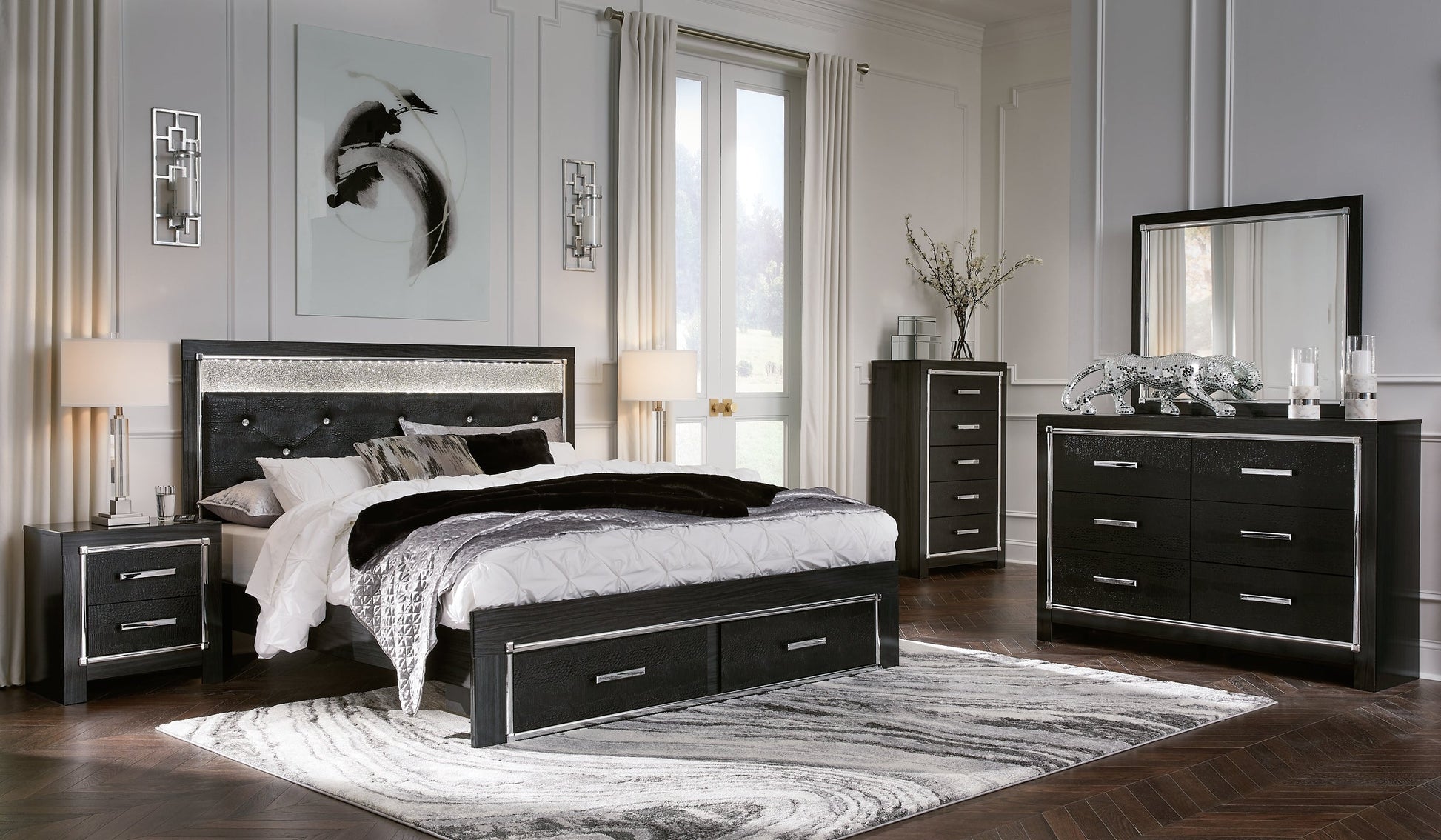 Kaydell King Upholstered Panel Storage Bed with Mirrored Dresser, Chest and Nightstand at Cloud 9 Mattress & Furniture furniture, home furnishing, home decor