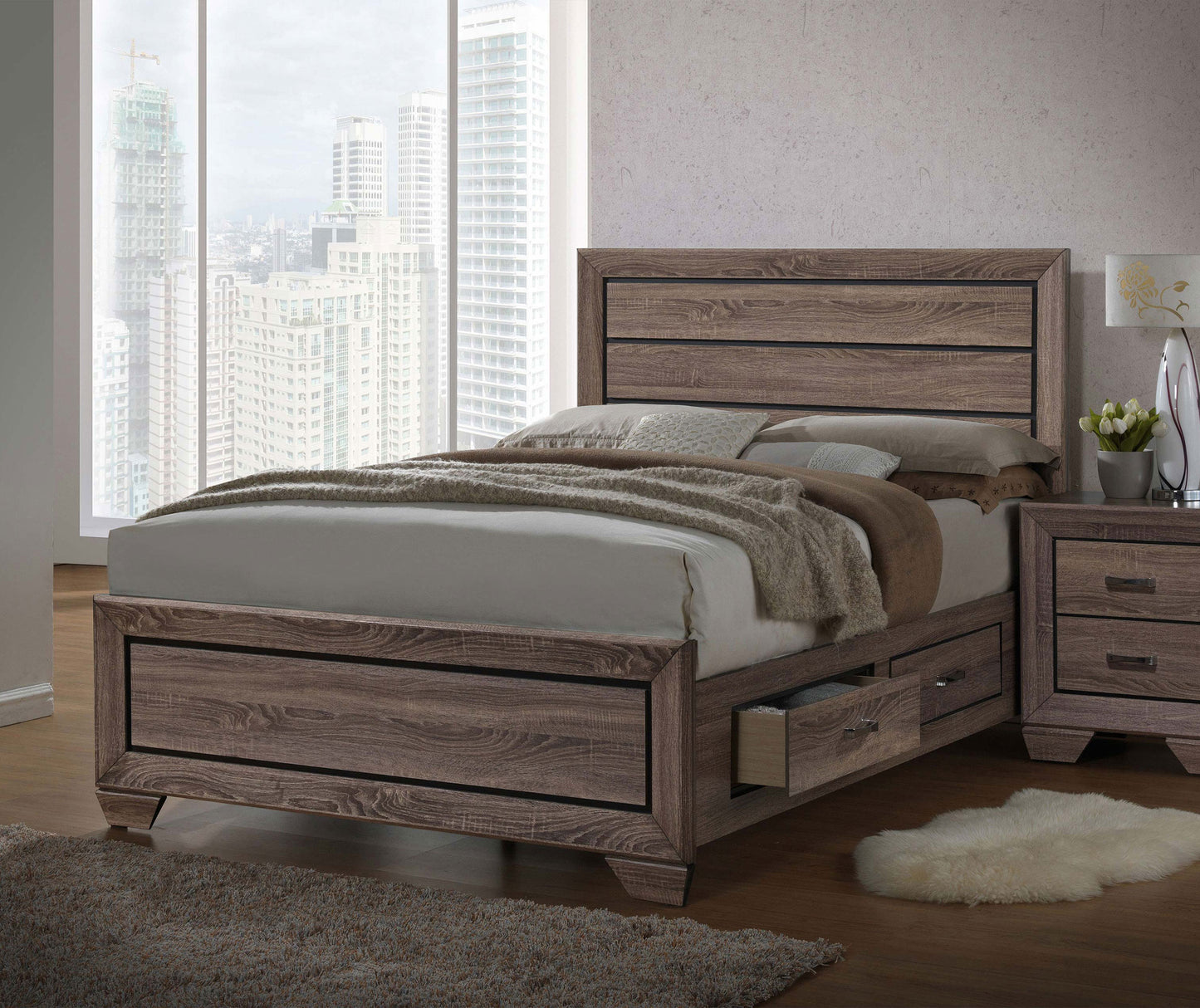 Kauffman Wood California King Storage Panel Bed Washed Taupe