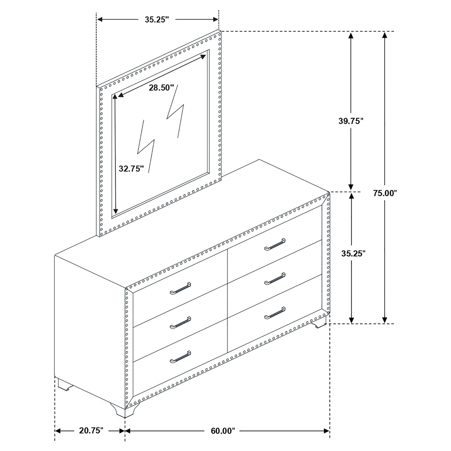 Melody 6-drawer Upholstered Dresser with Mirror Grey