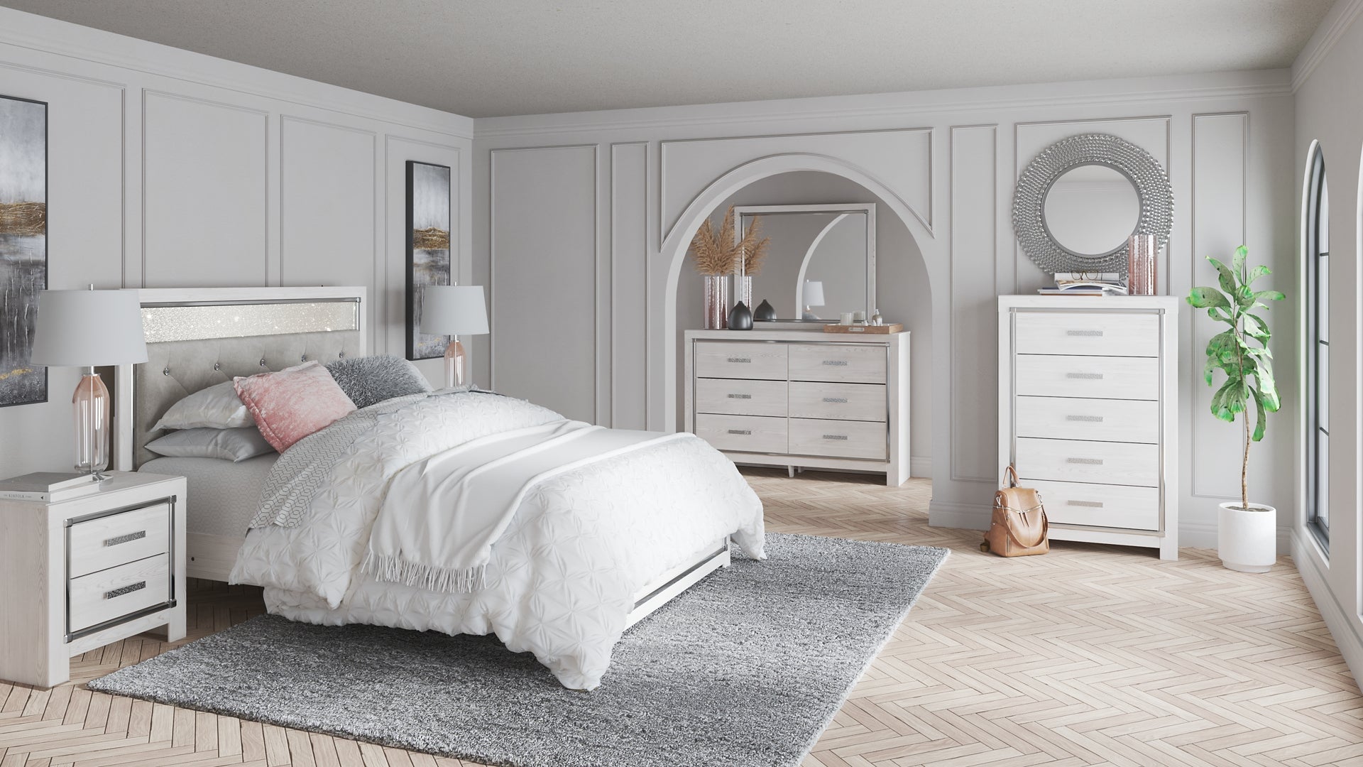 Altyra Queen Panel Bed with Mirrored Dresser, Chest and 2 Nightstands Cloud 9 Mattress & Furniture