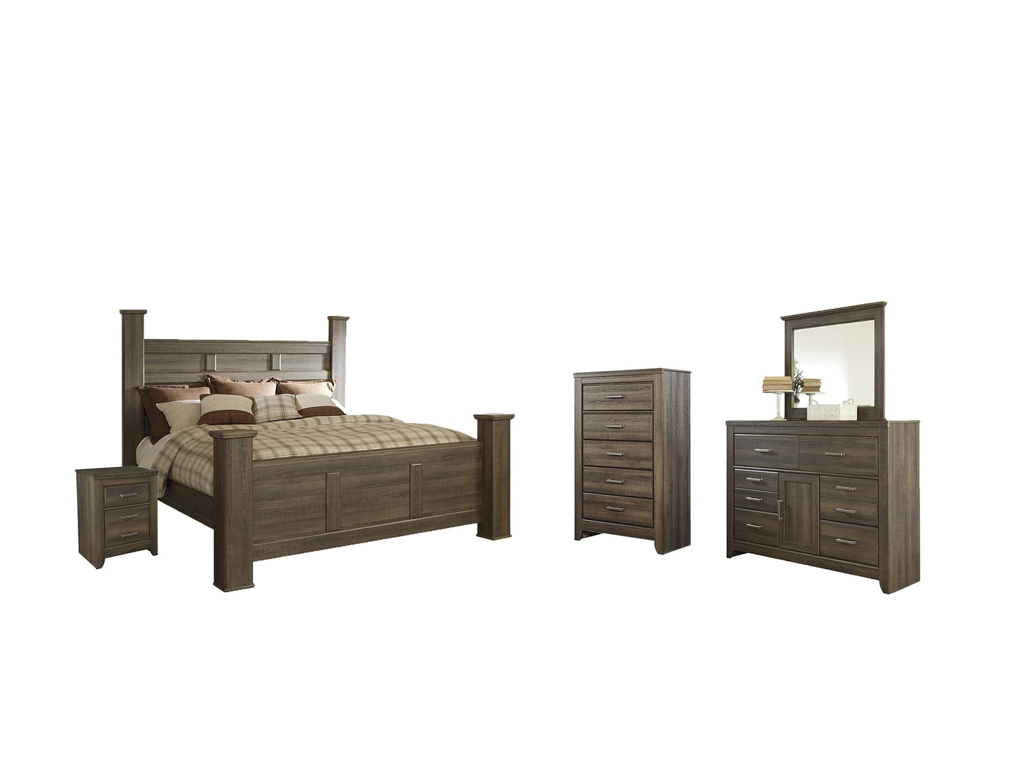 Juararo California King Poster Bed with Mirrored Dresser, Chest and Nightstand at Cloud 9 Mattress & Furniture furniture, home furnishing, home decor