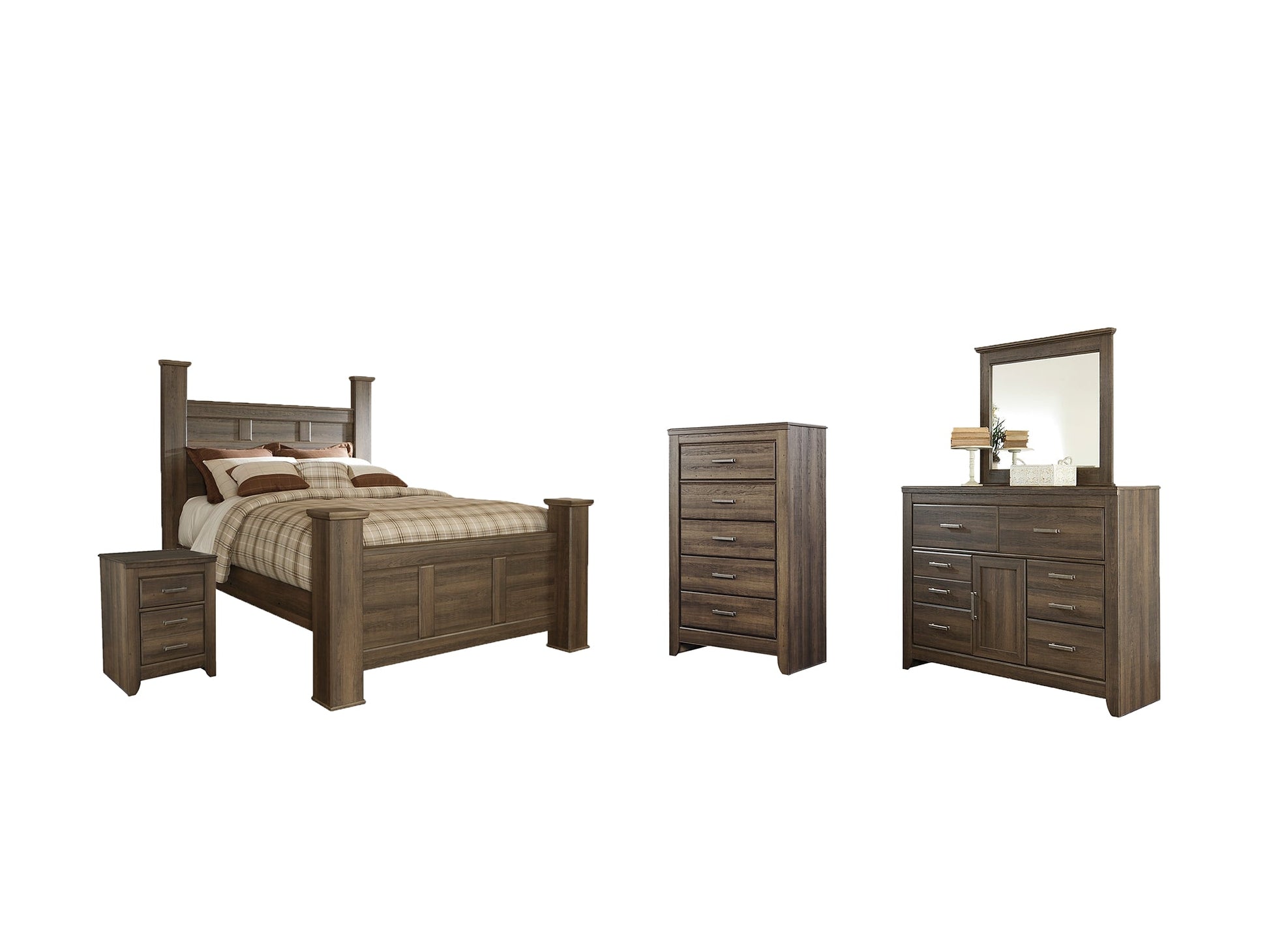 Juararo Queen Poster Bed with Mirrored Dresser, Chest and Nightstand at Cloud 9 Mattress & Furniture furniture, home furnishing, home decor