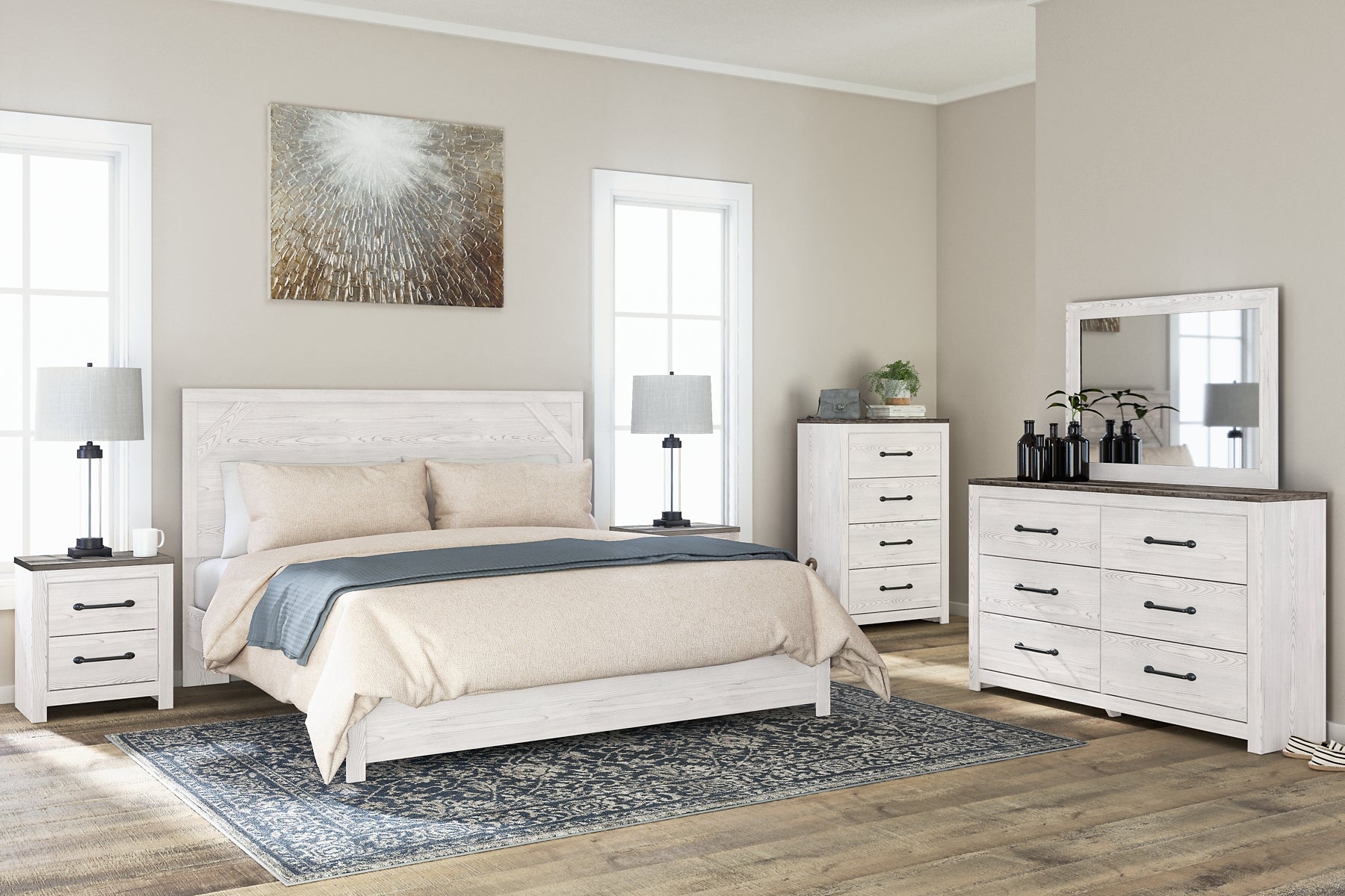 Gerridan King Panel Bed with Mirrored Dresser, Chest and 2 Nightstands at Cloud 9 Mattress & Furniture furniture, home furnishing, home decor