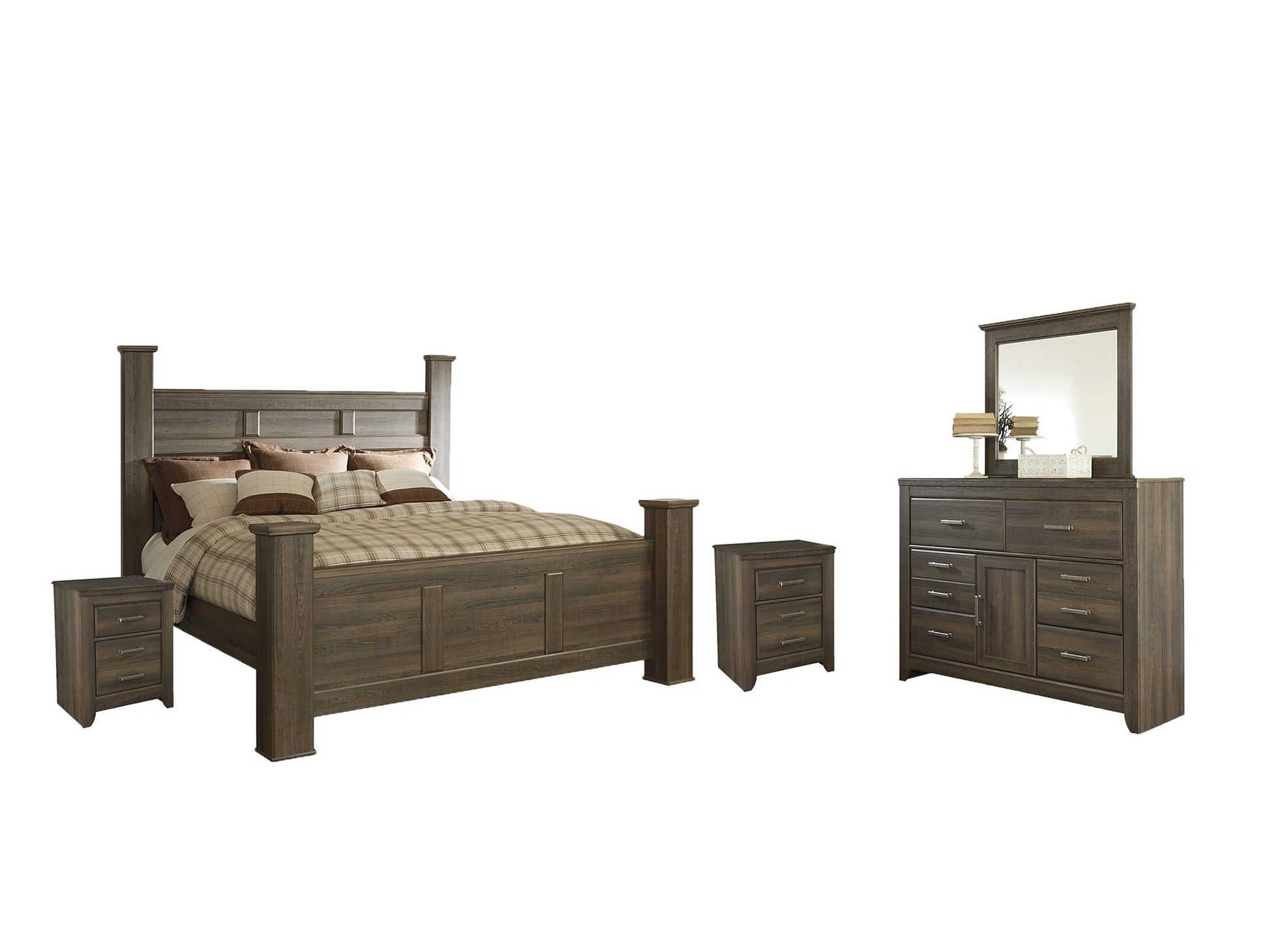 Juararo California King Poster Bed with Mirrored Dresser and 2 Nightstands at Cloud 9 Mattress & Furniture furniture, home furnishing, home decor