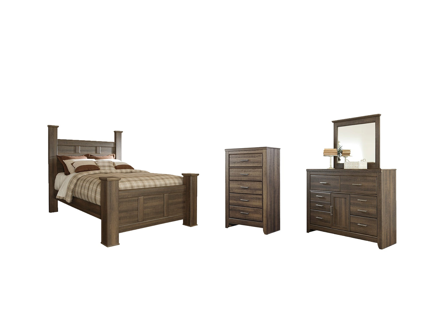 Juararo Queen Poster Bed with Mirrored Dresser and Chest at Cloud 9 Mattress & Furniture furniture, home furnishing, home decor