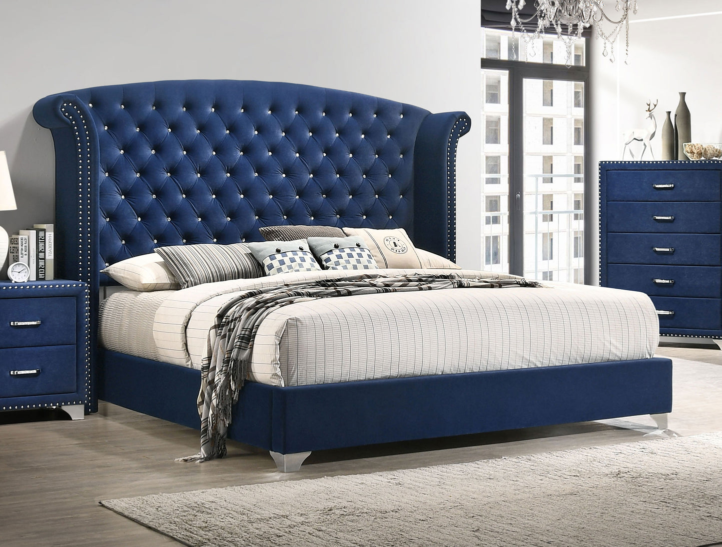 Melody Upholstered Queen Wingback Bed Pacific Blue