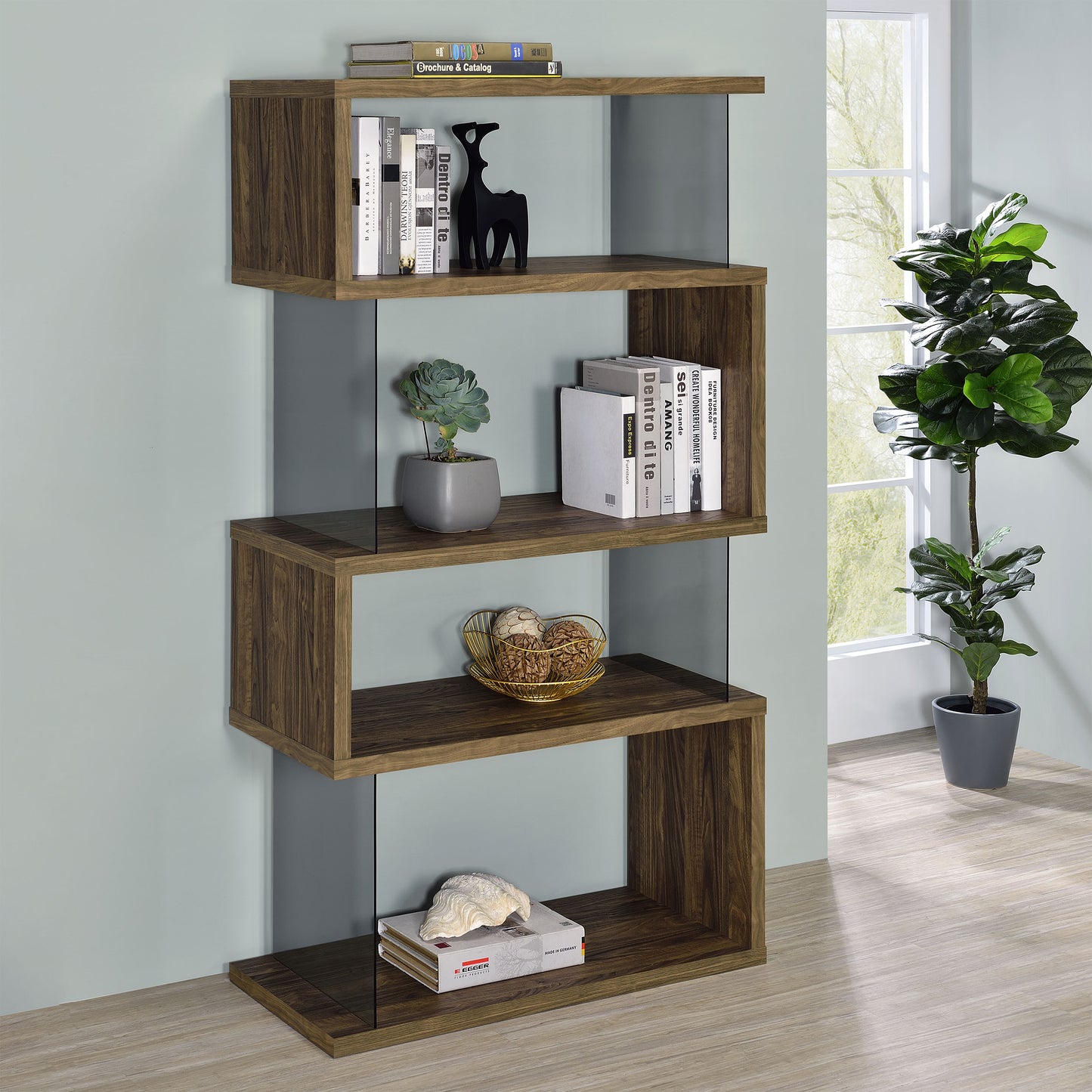 Emelle 63-inch 4-shelf Glass Panel Bookshelf Aged Walnut